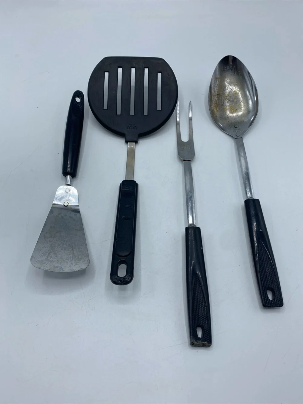 Vintage EKCO Stainless USA Kitchen Utensil Set 4 Black Handles Spatula Fork